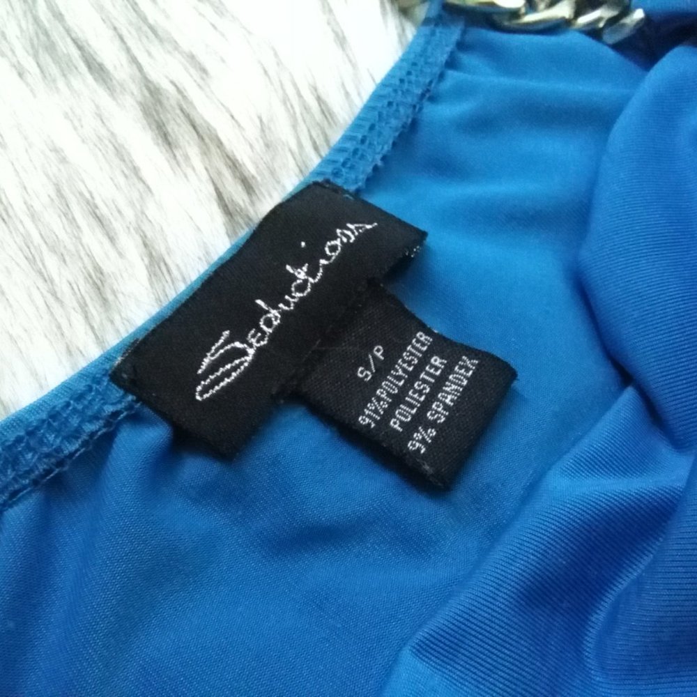 Blue Ruched Chain One Shoulder Dress - Picture 5 of 12